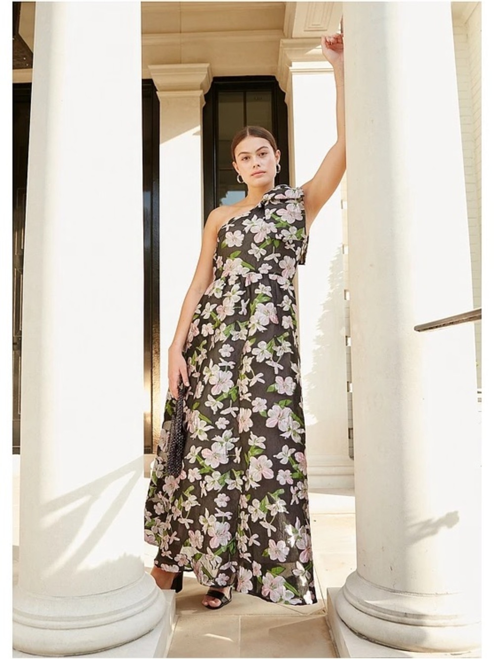 Abbey Glass Caroline organza gown black and pink floral one shoulder
